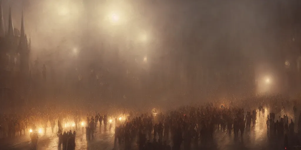 Image similar to a heavy swirling fogduring a parade, soft lighting, night, stephen bliss, misty, unreal engine, digital art, 8 k, oil painting, fantasy art, illustration, detailed and intricate environment