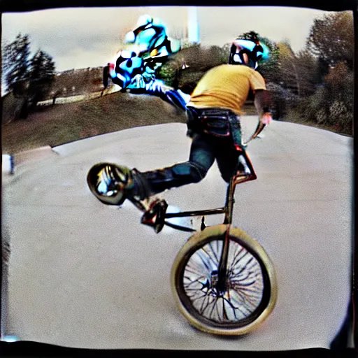 Prompt: Polaroid of Don Johnson doing a stoppie on his mongoose BMX with skyway mag wheels