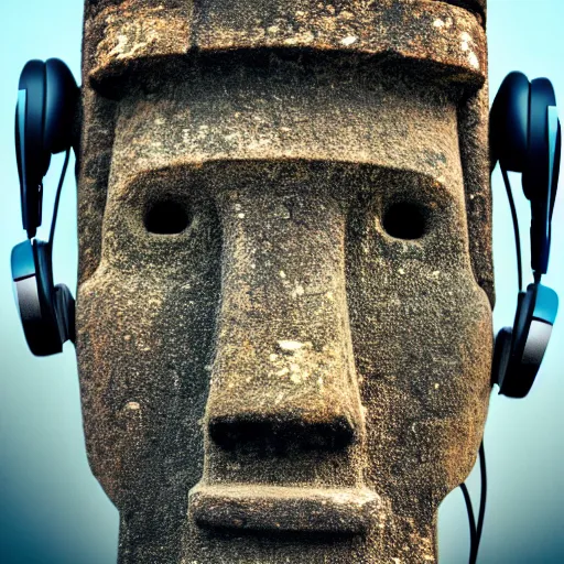 Image similar to a high detail photo of a moai wearing headphones