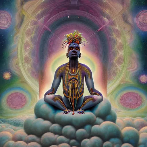 Image similar to obatala the cosmic god sitting on a throne of nebula clouds, by Adi granov and afarin sajedi and amanda sage and evgeni gordiets and Agostino Arrivabene in a psychedelic portrait style, ultrarealistic matte painting, volumetric lighting, piercing eyes, highly detailed face, orisha, 8k, hd