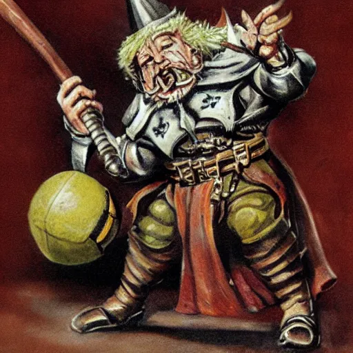 Image similar to Warhammer fantasy dwarf holding a football, by John blanche