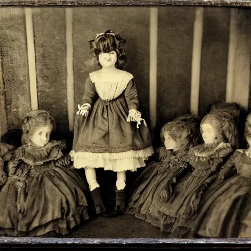 Prompt: 1 8 0 0 s portrait of a girl in a room full of dolls, creepy, historical photograph