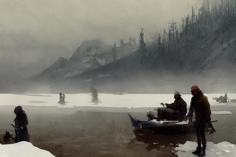 Prompt: watercolor painting of ice lake, crisp winter, fog and snowing, ambient lighting, dust, art by anders zorn and winslow homer, wonderful masterpiece by greg rutkowski, cinematic light, american romanticism by greg manchess, creation by tyler edlin