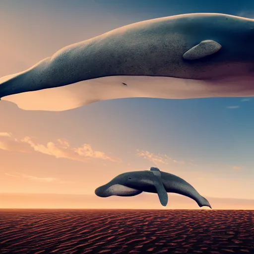 Image similar to a giant whale flying above a desert, golden hour, realism, 4 k, octane render, award winning photograph