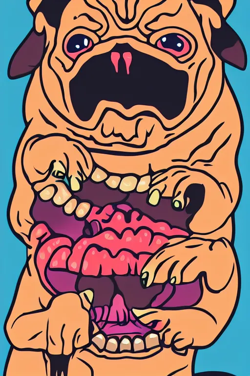 Image similar to demon pug eating flesh. art by samantha mash, sticker, colorful, illustration, highly detailed, simple, smooth and clean vector curves, no jagged lines, vector art, smooth