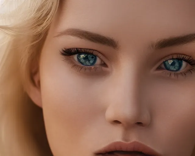 Image similar to the most beautiful blonde woman in the world, hyper realistic face, beautiful eyes, cinematic, close - up, hyper detailed, 8 5 mm photograph, 8 k resolution, film still, sharp lens, wide lens