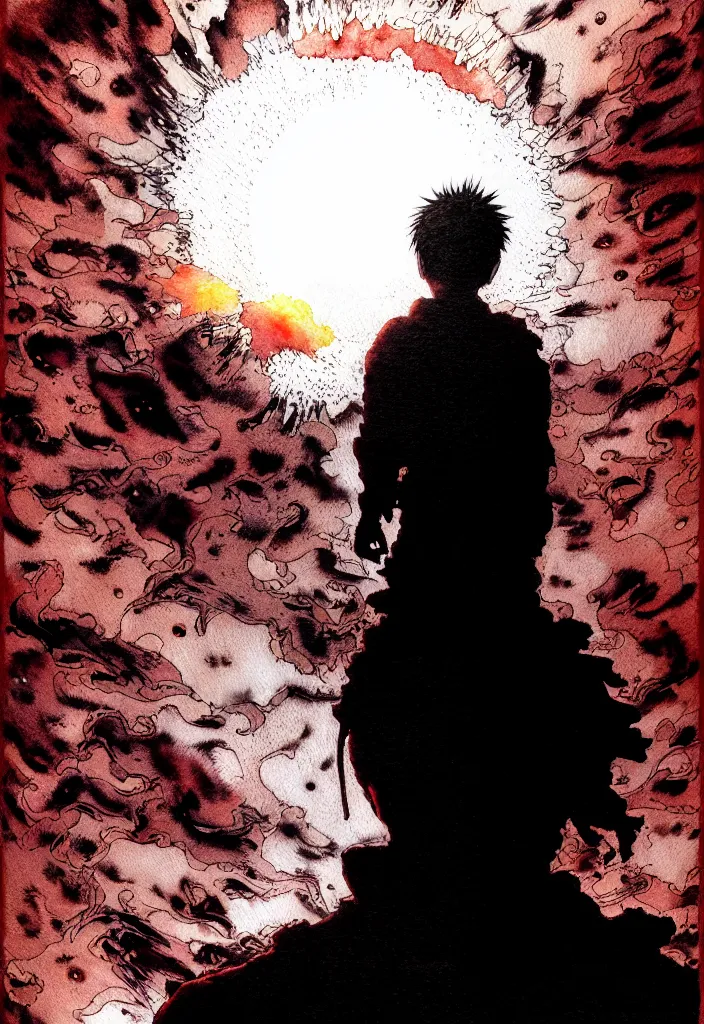 Image similar to tetsuo from akira, silhouetted by a dead sun, detailed elaborate watercolor and ink illustration | anime, matte painting, dystopian megacity neo - tokyo, akira, shaded perfect, fine details. realistic shaded lighting anime manga artwork by katsuhiro otomo, artgerm, jeremy lipkin and michael garmash and rob rey