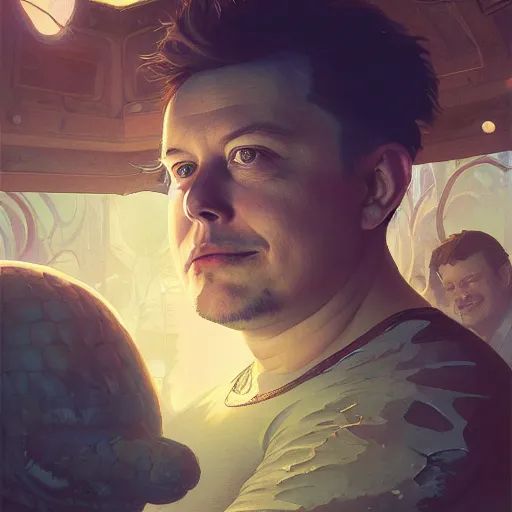 Prompt: Highly detailed portrait of fat Elon Musk, Stephen Bliss, unreal engine, fantasy art by Greg Rutkowski, Loish, Rhads, ferdinand knab, Makoto Shinkai and Lois van baarle, ilya kuvshinov, rossdraws, Tom Bagshaw, alphonse mucha, global illumination, radiant light, detailed and intricate environment