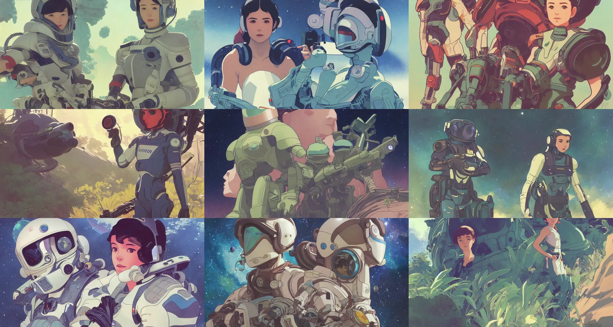 Prompt: a space ranger on a lush alien planet, science fiction, finely illustrated face, highly detailed, colored pencil, studio ghibli, tankobon, in the style of ilya kuvshinov and krenz cushart and william - adolphe bouguereau and alphonse mucha