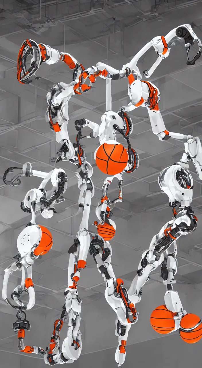 Prompt: three large white glossy kuka industrial robot arms playing basketball in a gym, global illumination, artstation, fantasy