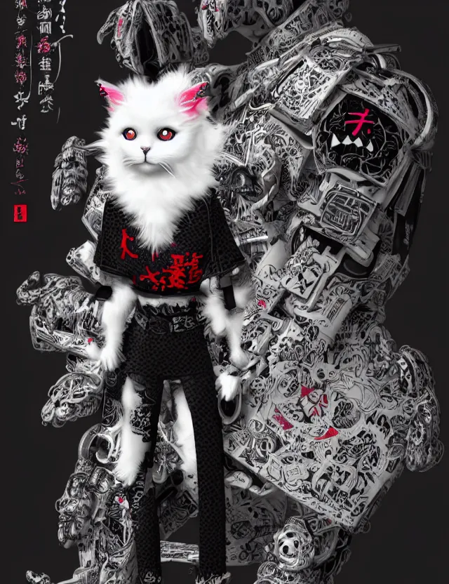 Image similar to full body portrait of a gothic style punk white fluffy cat robot with kanji tattoos and decals wearing a digital pixelated kimono, intricate design, photo - realistic, octane render, dark colour palette, ultra fine detailed, character design, trending on artstation