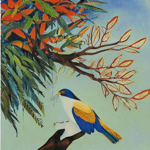 Image similar to A beautiful experimental art of a bird in its natural habitat. The bird is shown in great detail, with its colorful plumage and intricate patterns. The background is a simple but detailed landscape, with trees, bushes, and a river. graffiti by Akihiko Yoshida, by Zinaida Serebriakova dull, aesthetic