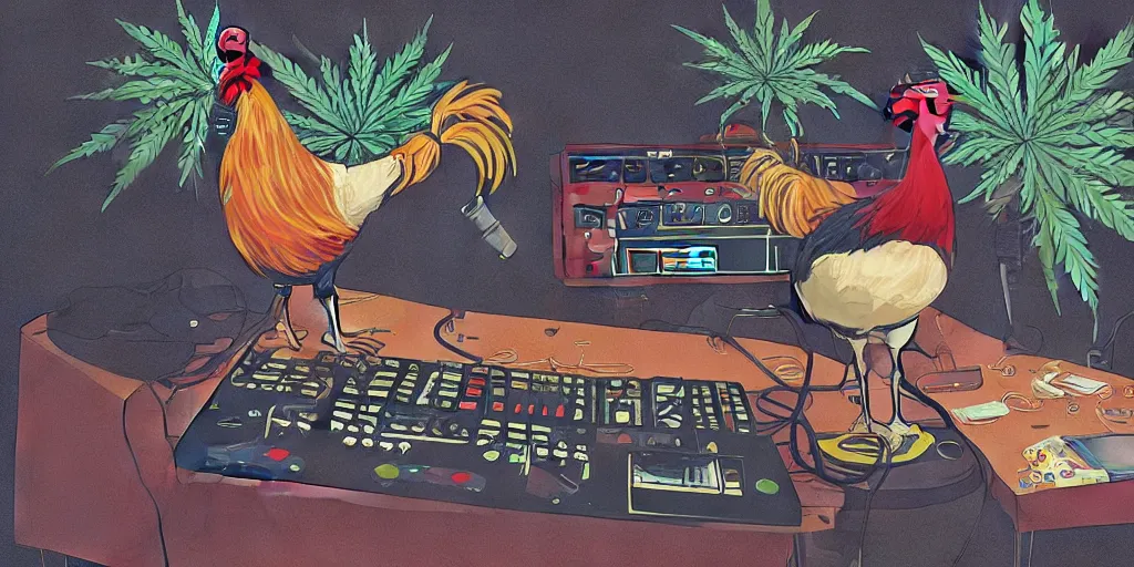 Image similar to 'black rooster'!!! smoking 'cannabis'!!!!!! in front of 'audio console'!!!! and 'multi monitors and projectors'!!!! 'in a hi-tech tv broadcasting studio with red camera rig'!!!!, artwork by James Gilleard