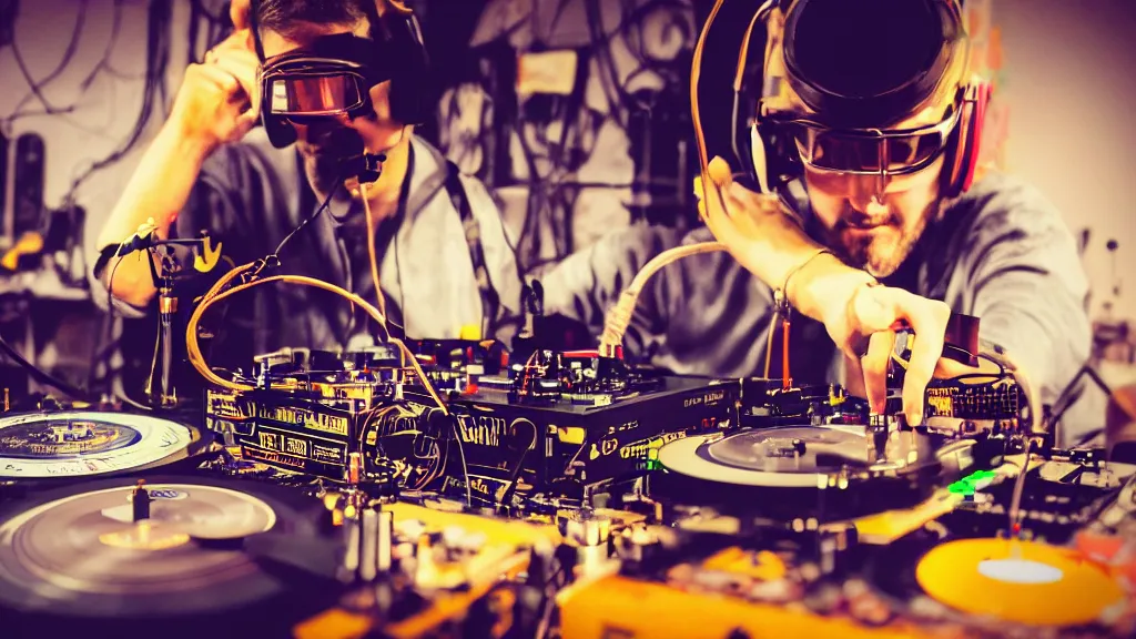 Image similar to a person wearing goggles and visor and headphones using a steampunk record player contraption, wires and tubes, turntablism dj scratching, intricate planetary gears, complex, cinematic, imax, sharp focus, iridescent, black light, fog machine, lasers