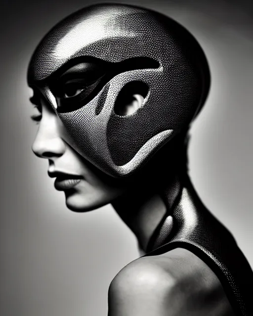 Image similar to a profile portrait, a stunning young woman - cyborg with a mutant crow head, editorial photography, bw, by roman sustov, shot on 7 0 mm, depth of field, f / 2. 8, high contrast, 1 6 k, volumetric lighting, shiny, insanely detailed and intricate, hypermaximalist, elegant, ornate, hyper realistic, super detailed