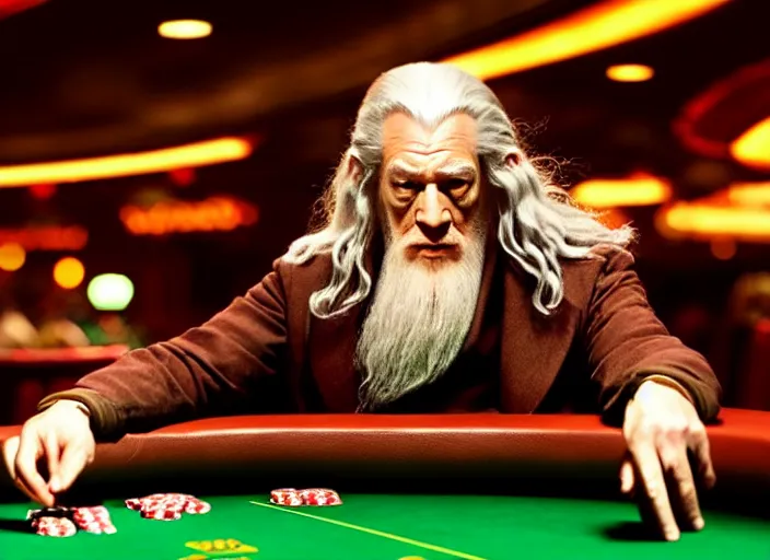 Image similar to film still of gandalf gambling in a casino in new star wars movie, 8 k