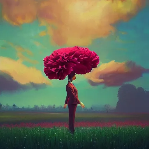 Image similar to giant carnation flower head, frontal, girl in a suit, surreal photography, sunrise, dramatic light, impressionist painting, digital painting, artstation, simon stalenhag