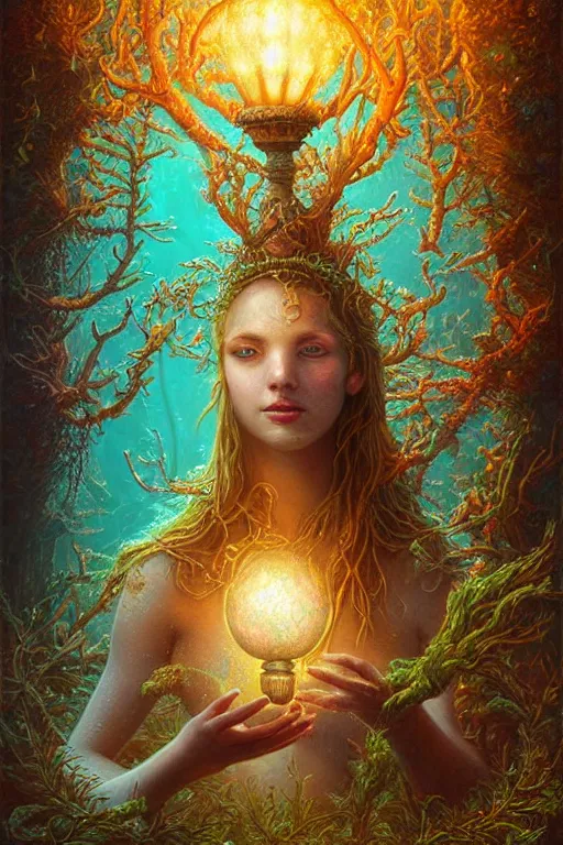 Image similar to a stunning ultra detailed underwater fantasy illustration of a goddess holding a glowing lamp, overgrown with colorful coral, by tomasz alen kopera, water bubbles, very detailed, deep depth of field, 5 0 mm lens, soft lighting, artstation, highly coherent, 8 k