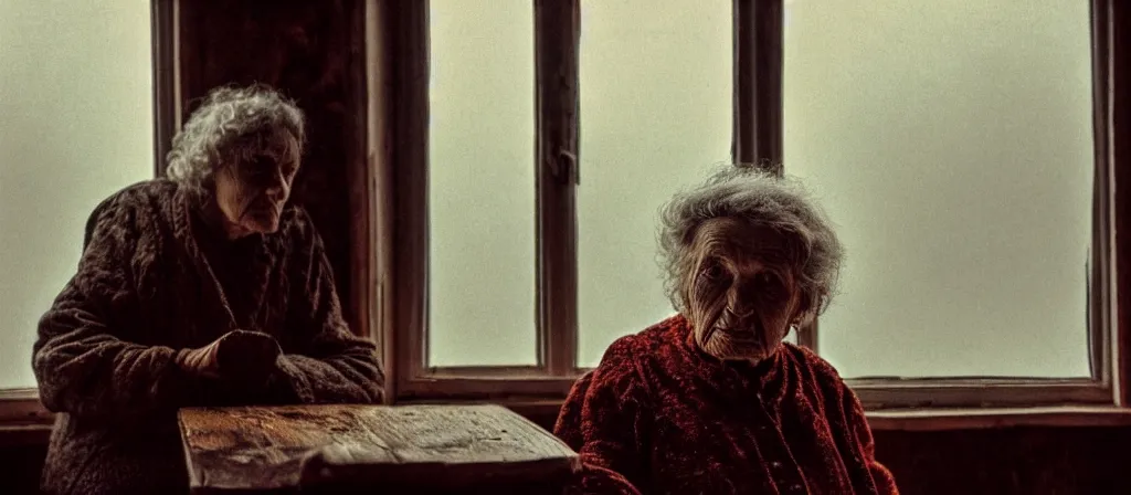 Image similar to portrait bust of old woman sitting at table, hands in pockets, looking outside, tired expression, faded color film, russian cinema, tarkovsky, technicolor, inside old cabin, next to window, heavy forest outside, long brown hair, old clothing, heavy fog, brown color palette, sunset, low light, hudson river school, 4 k, dramatic lighting