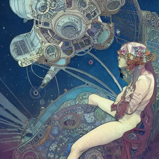 Prompt: a beautiful intricate watercolor illustration of an interior of space ship, 4 k, ultra - wide angle, by william turner, by victo ngai, by alphonse mucha, by miho hirano, by moebius, hd, trending on artstation, hyper detailed, muted colors