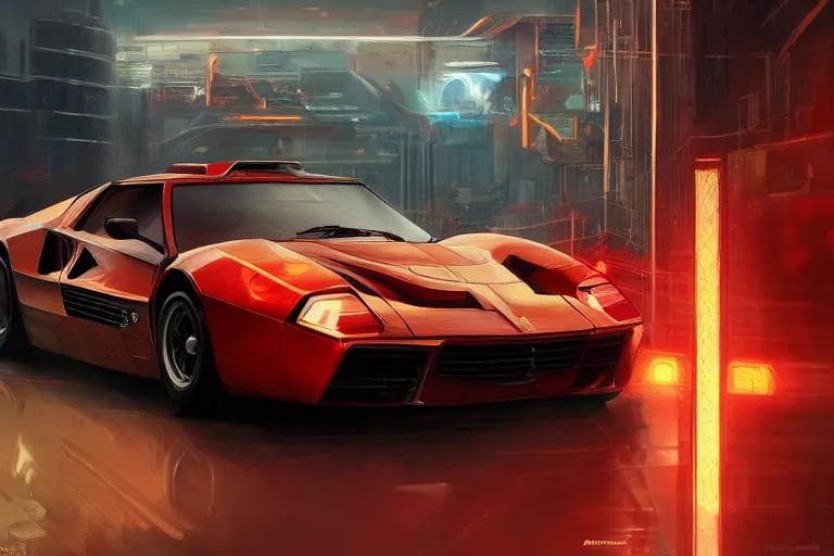 Prompt: luxury cyberpunk Ferrari 288 GTO, highly detailed, digital painting, artstation, concept art, sharp focus, illustration, art by artgerm and greg rutkowski and alphonse mucha