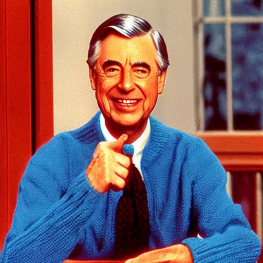 Image similar to mr. rogers doing finger guns, funny color photo