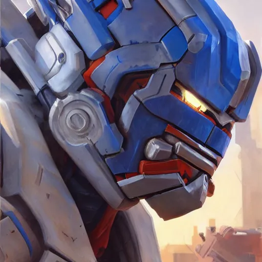 Image similar to greg manchess portrait painting of optimus prime as overwatch character, medium shot, asymmetrical, profile picture, organic painting, sunny day, matte painting, bold shapes, hard edges, street art, trending on artstation, by huang guangjian and gil elvgren and sachin teng