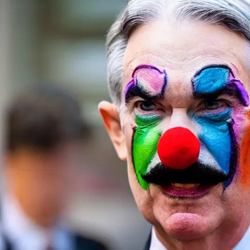 Image similar to Jerome Powell with colorful clown makeup all over his face whiteface, walking outside in a garden