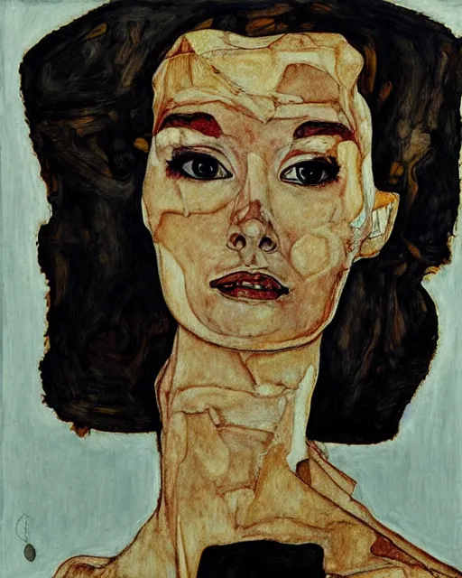 Prompt: portrait of audrey hepburn as an android by egon schiele in the style of greg rutkowski
