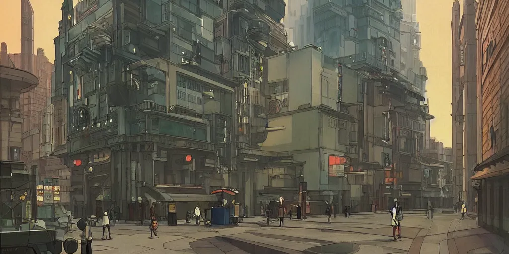 Image similar to An imposing futuristic building lights up an wide city square, dieselpunk, by Studio Ghibli and Edward Hopper