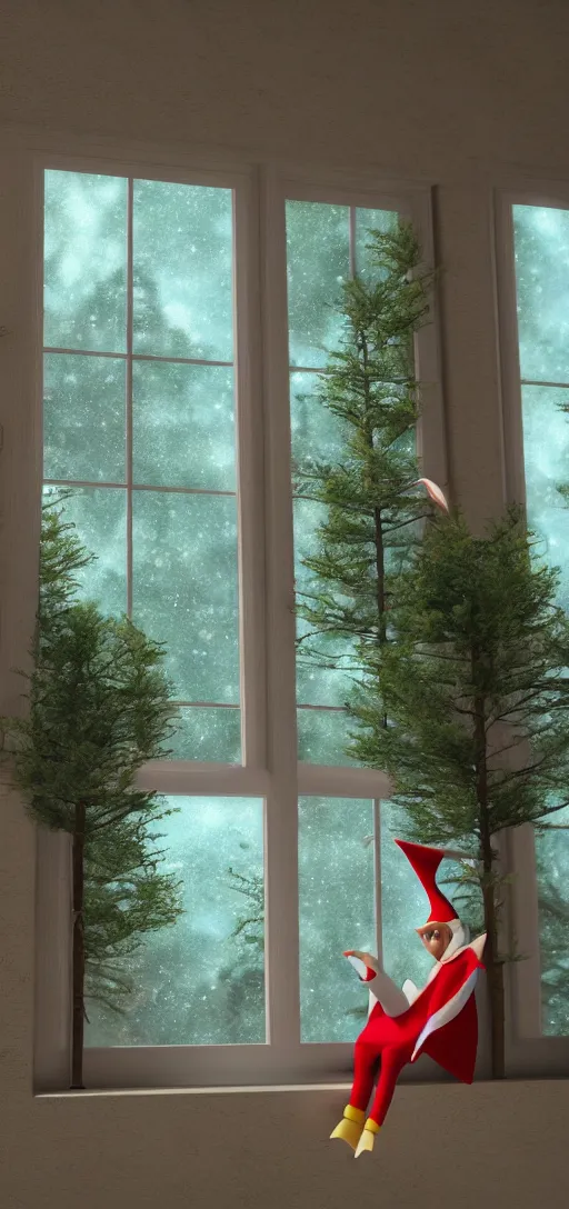 Image similar to an elf staring at the window looking at the trees outside, 8 k, ultra realistic