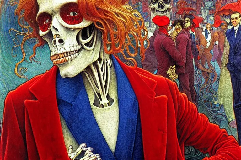 Image similar to realistic detailed closeup portrait painting of a single skeleton wearing red velvet blazer in a crowded futuristic moscow street by Jean Delville, Amano, Yves Tanguy, Alphonse Mucha, Ernst Haeckel, Edward Robert Hughes, Roger Dean, rich moody colours, blue eyes