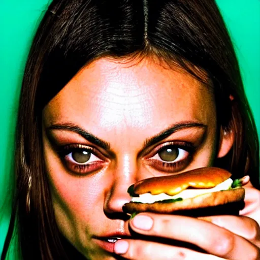 Prompt: Kodak Portra 400, 8K, highly detailed, photographic extreme close-up face of mila kunis eating a hamburger , Low key lighting, photographed by Alessio Albi ,dark background, high quality,high contrast ,complementary colors ,Hasselblad X1D-50C, medium format, photo-realistic