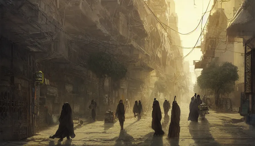 Prompt: jeddah city street, roshan, shops, a bright pharmacy, a nomad wearing a worn out coat, plants, tree, dramatic lighting, sci fi, by caspar david friedrich by james gilleard and justin gerard, centered, artstation, smooth, sharp focus, photoreal octane render, by jean baptiste monge, gustave dore, deviantart