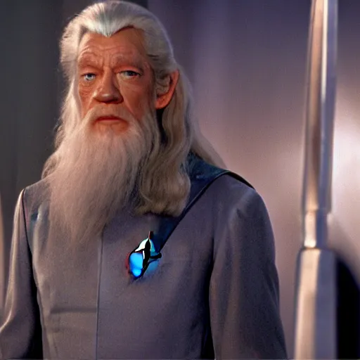 Image similar to A still of Gandalf as Captain Kirk on Star Trek, sharp focus, high quality, 4k