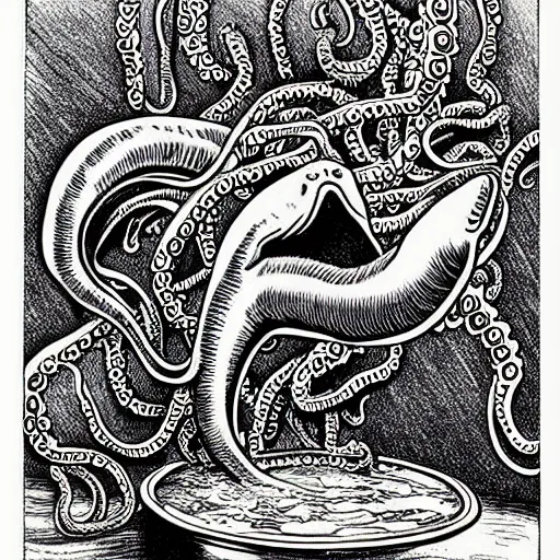 Image similar to a lovecraftian dolphin monster with lots of tentacles | sitting in a fishbowl | illustration, very detailed, pen, ink and watercolors, drawn by brian bolland