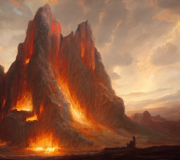 Image similar to landscape portrait of a an immense building made of hot brimstone, with tyler childers hammering the side, by william sidney mount, trending on artstation