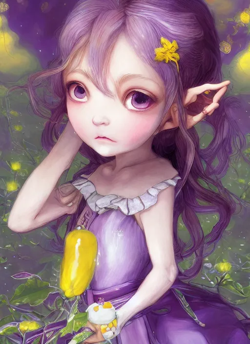 Image similar to little elf girl, santa claus suit, soft hair. light color palate, purple, yellow and white. detailed soft painting, ayami kojima, made in abyss, anatomically correct, ilya kuvshinov, inspired in balthus, high detailed face anime, vogue magazine, glorious composition, mobile wallpaper