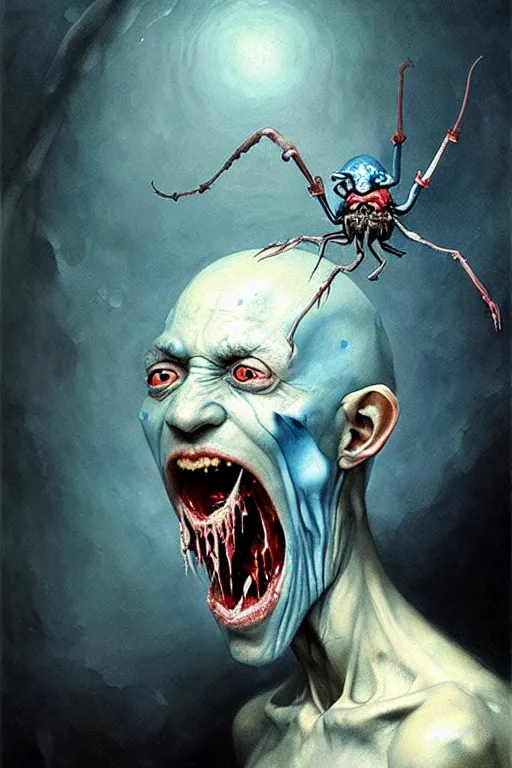 Image similar to hieronymus bosch, greg rutkowski, anna podedworna, painting of a blue skinned elf with spider arms and legs, bloody, screaming, high detail, extreme close up, insane face