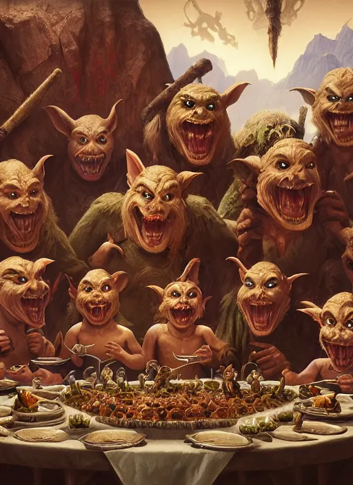 Prompt: highly detailed closeup group portrait of medieval goblins having a banquet, stephen bliss, unreal engine, greg rutkowski, ilya kuvshinov, ross draws, hyung tae and frank frazetta, tom bagshaw, tom whalen, nicoletta ceccoli, mark ryden, earl norem, global illumination, god rays, detailed and intricate environment