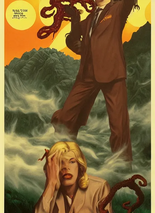 Image similar to twin peaks poster art, david bowie vs cthulhu, old retro pulp noir comic cover, by michael whelan, rossetti bouguereau, artgerm, retro, nostalgic, old fashioned