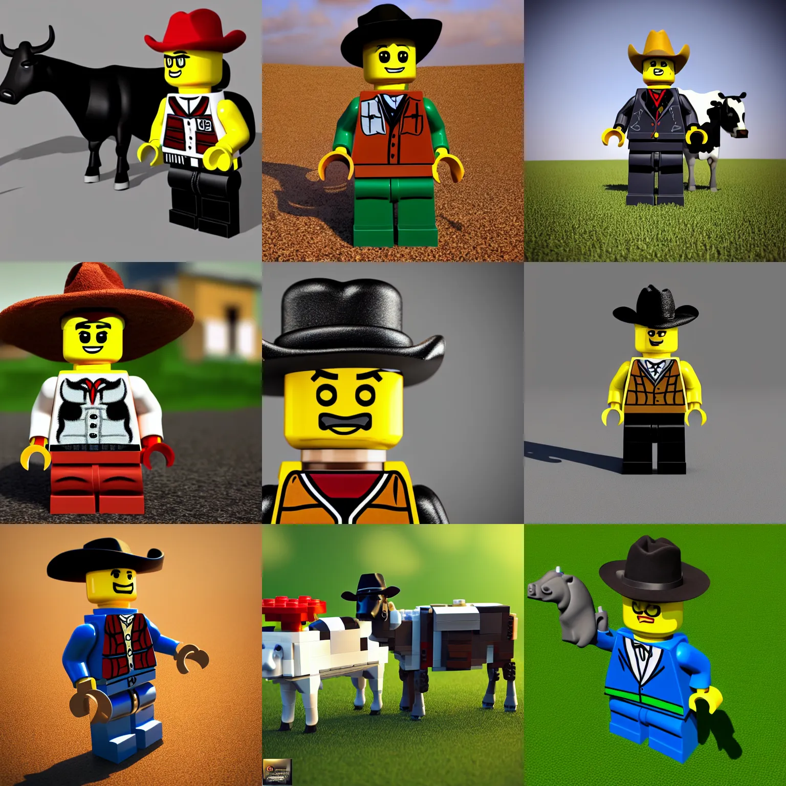 Prompt: 3D rendering of a lego man with a western hat on a cow, 4k foto