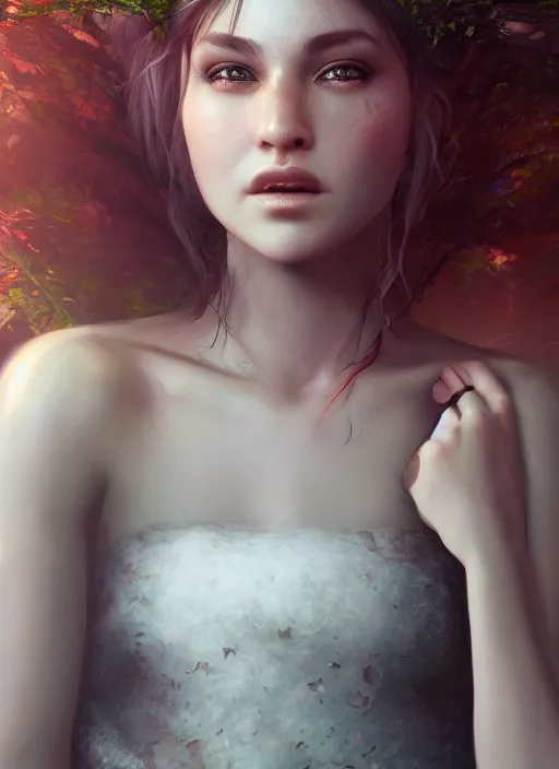 Image similar to portrait of a gorgeous princess of the forest, 8k render, ultra realistic, cinematic lighting, artstation, Annie Leibovitz, artgerm