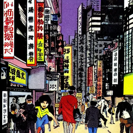 Image similar to glossy old advertising poster, batman walking through crowded hong kong street, vendors, joker!!!, drawn comic by junji ito, pastels, gradient