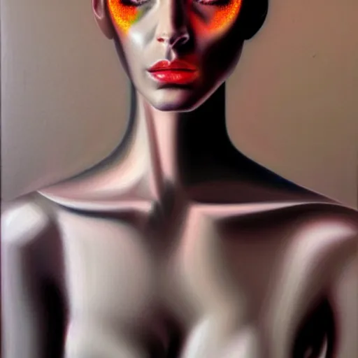 Image similar to cyborg fashion model, hyperrealism oil painting, matte