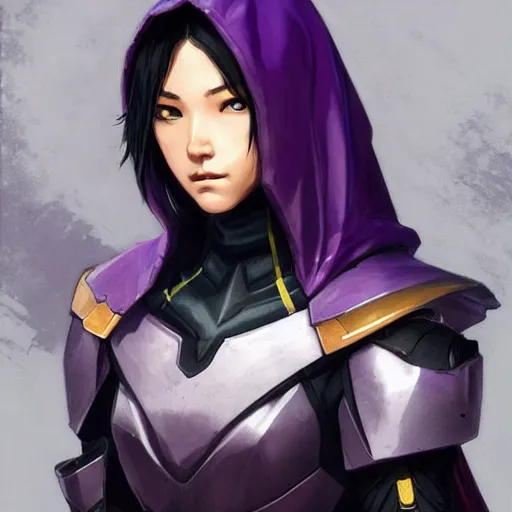 Prompt: cassandra cain in destiny hunter armor, purple armor, wearing a hooded cloak, beautiful face!!!!, 2 7 years old, cg animation, realistic, character select portrait, by artgerm, greg rutkowski, alphonse mucha, 3 d