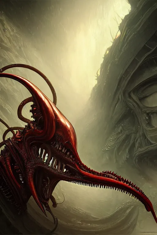 Image similar to demoniac alien xenomorph, close - up portrait, intricate, elegant, volumetric lighting, scenery, digital painting, highly detailed, artstation, sharp focus, illustration, concept art, luis rollo, ruan jia, steve mccurry, john berkey