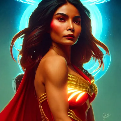 Prompt: lovi poe as darna, volumetric lights, red and cyan theme, art nouveau botanicals, intricate, highly detailed, digital painting, artstation, concept art, smooth, sharp focus, cinematic, illustration, beautiful face, art by artgerm and greg rutkowski and alphonse mucha