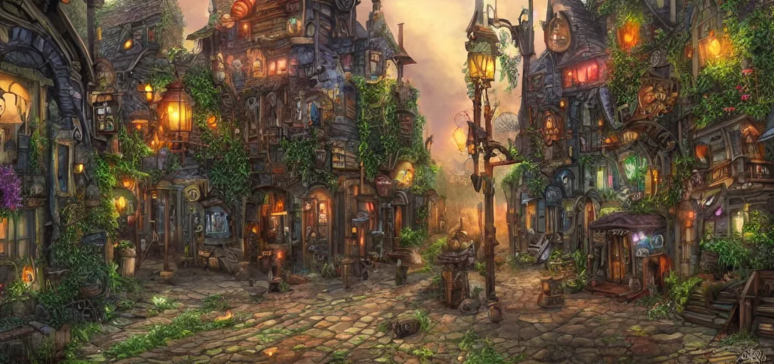 Image similar to Look of a steampunk village, full daylight, evening, cartoon moody scene, digital art, 8k, colorful details of lush nature covering the streets