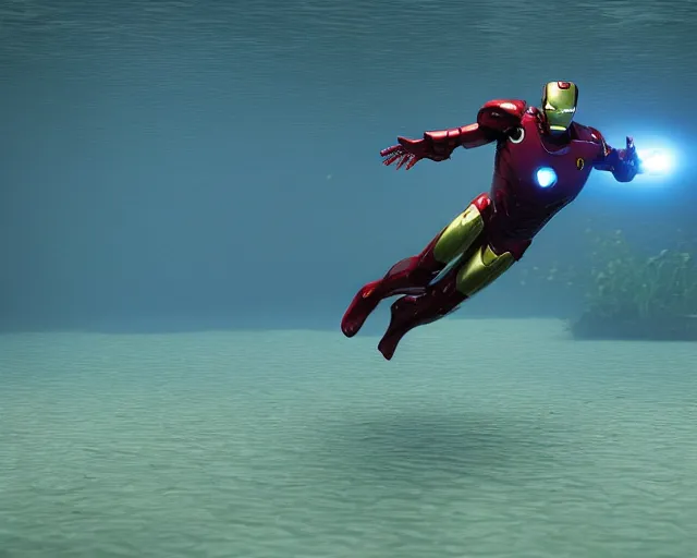 Image similar to iron man submerged under water, cinematic, photoreal, by red dead redemption 2